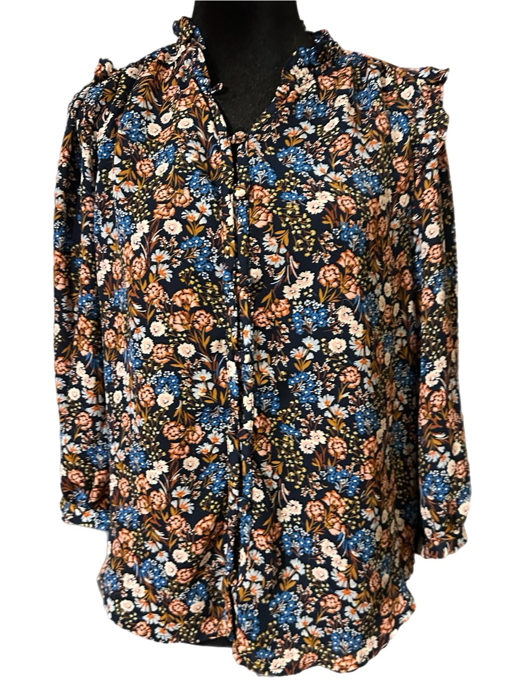 LC Lauren Conrad Black Floral Button-Front Blouse with Blue and Cream Flowers